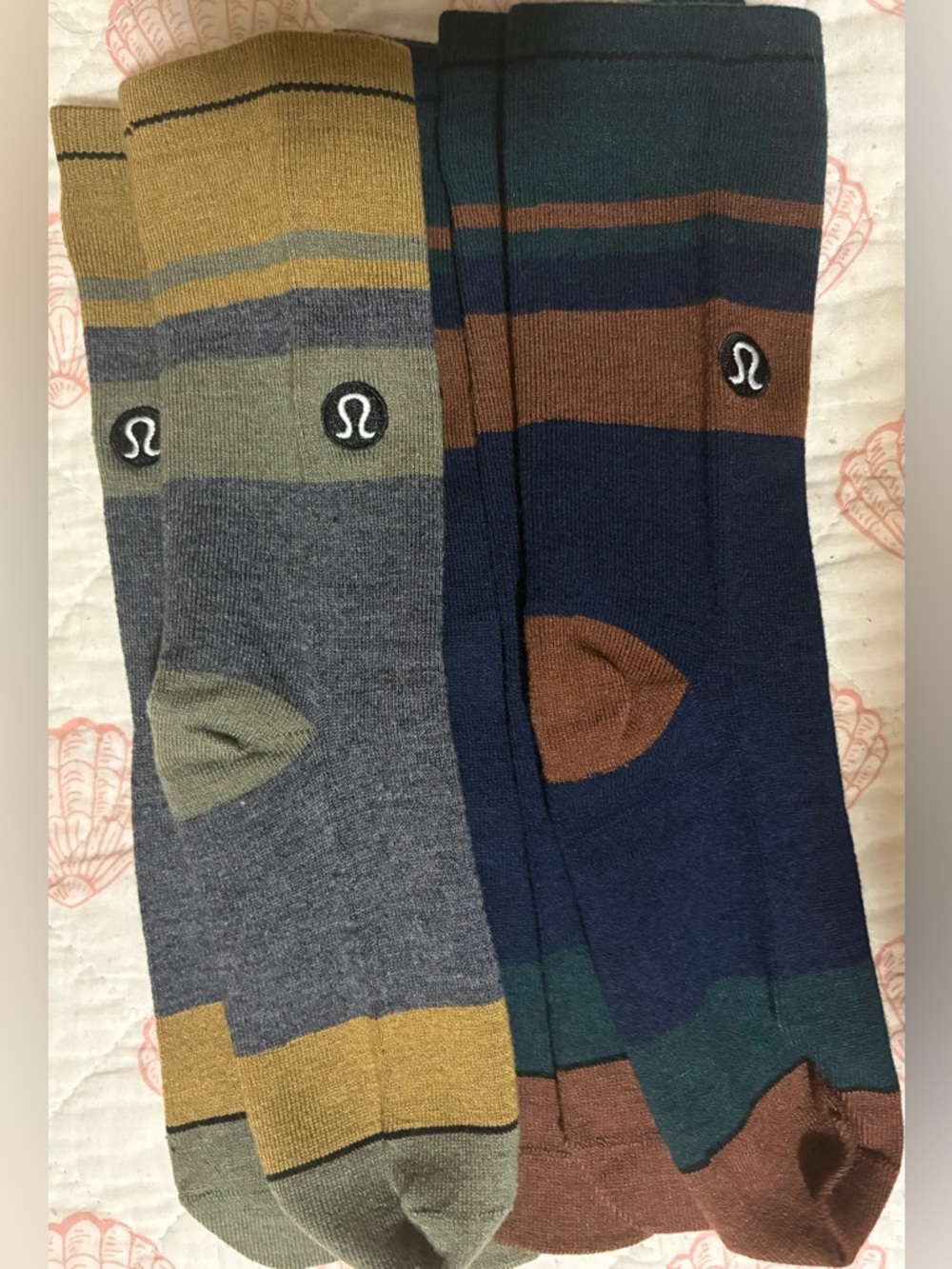 NWOT lululemon merino wool athletic Striped Crew Socks - Olive, Navy & Brown